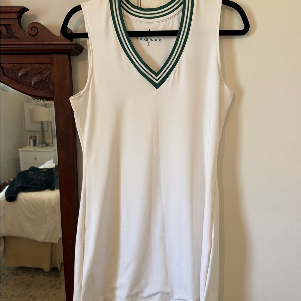 Tuckernuck White Sleeveless V-Neck Dress with Green Trim